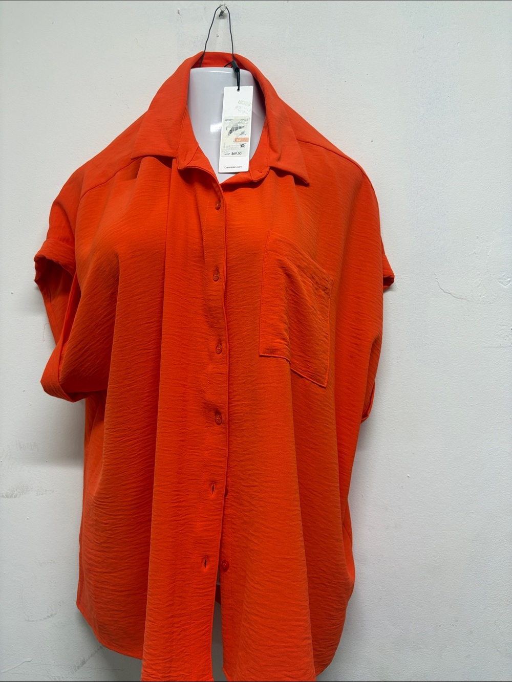 Calvin Klein Short-Sleeve Button-Down Shirt in Vibrant Orange